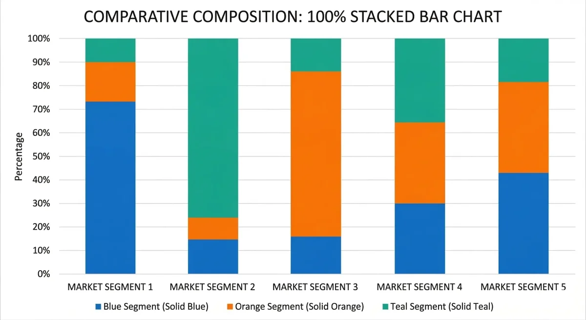 Example of a 100% stacked bar chart showing comparative composition across five market segments, with each bar scaled to 100% to highlight the proportional share of three segments (blue, orange, teal)