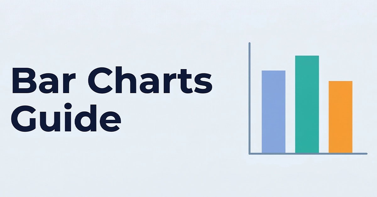 Bar charts guide -- illustration showing three vertical bars in blue, teal, and orange representing different bar chart types