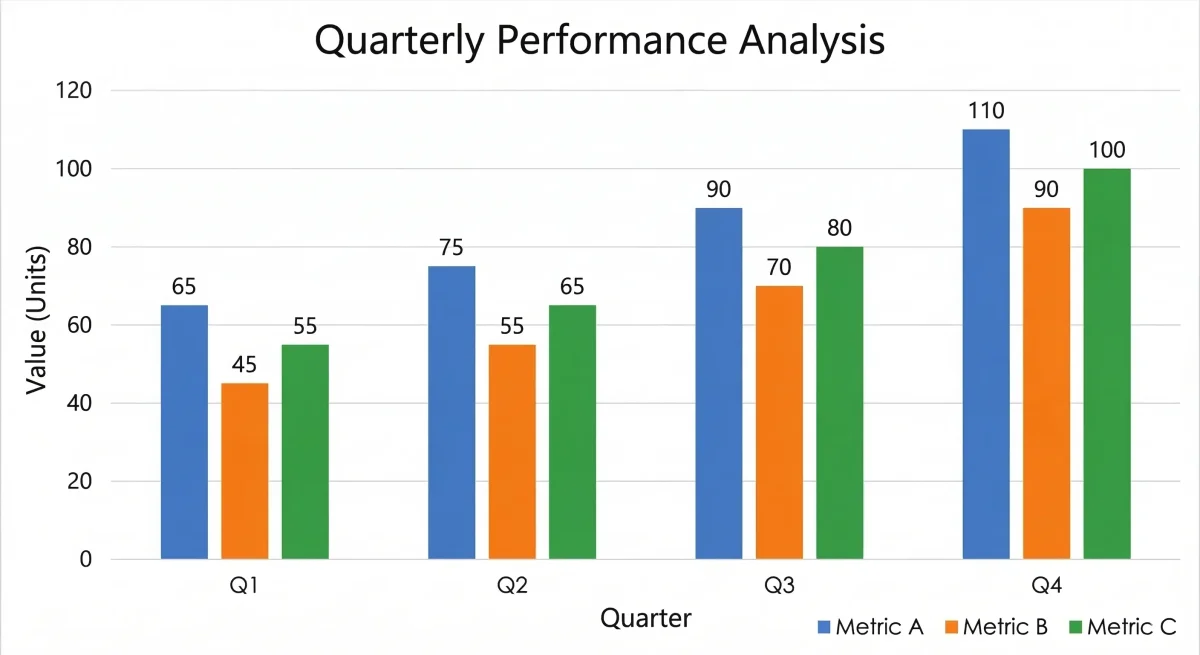 Example of a grouped bar chart showing quarterly performance analysis with three metrics (A, B, C) compared side by side across Q1 to Q4