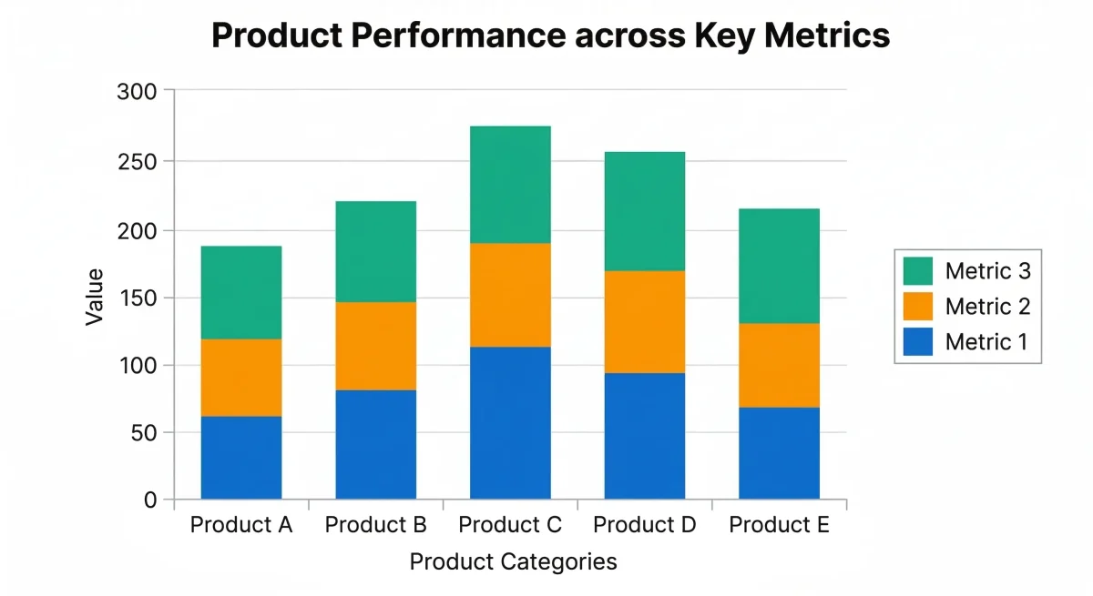 Example of a stacked bar chart showing product performance across three metrics (Metric 1, 2, 3) for five product categories, illustrating how each bar displays both the total value and its component breakdown