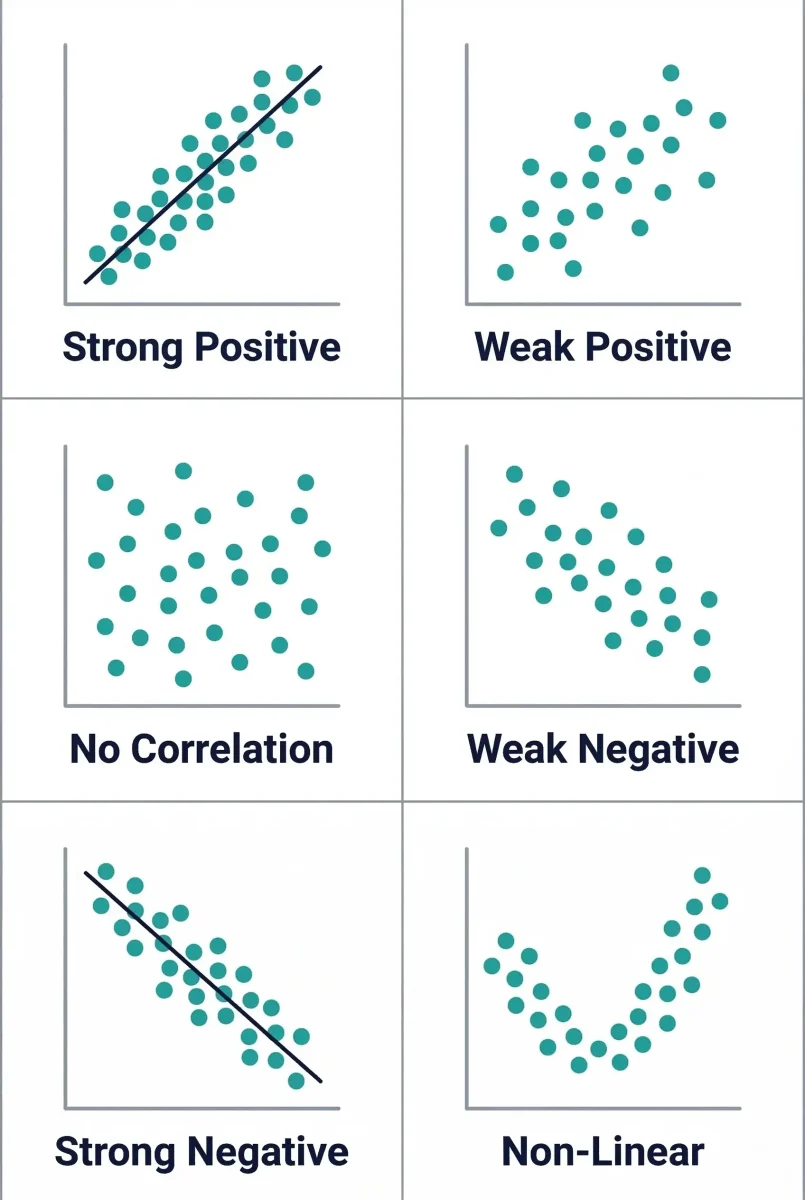 Types of scatter plot correlations: strong positive, weak positive, no correlation, weak negative, strong negative, and non-linear