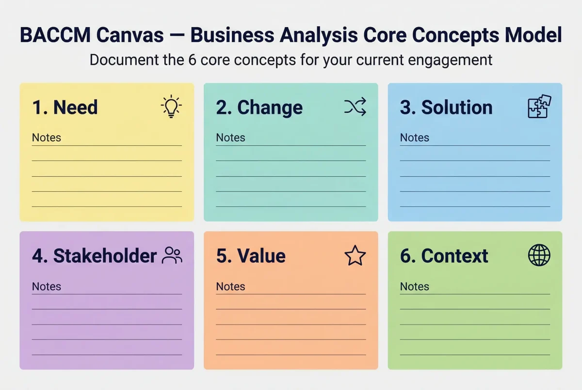 BACCM Canvas template — a six-section visual tool for applying the Business Analysis Core Concepts Model to a specific project or engagement