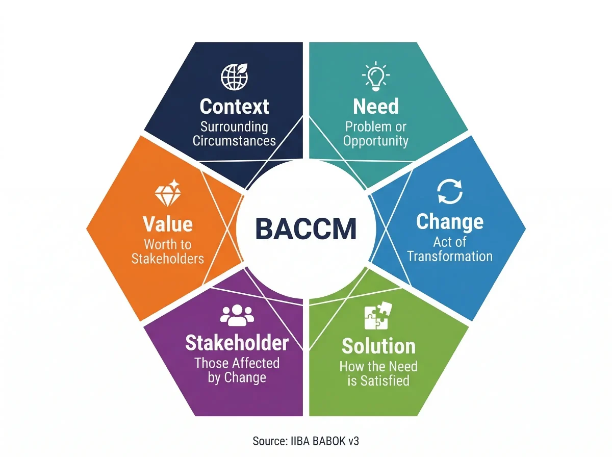 BACCM hexagonal diagram showing all 6 core concepts of business analysis: Need, Change, Solution, Stakeholder, Value, and Context — Source IIBA BABOK v3