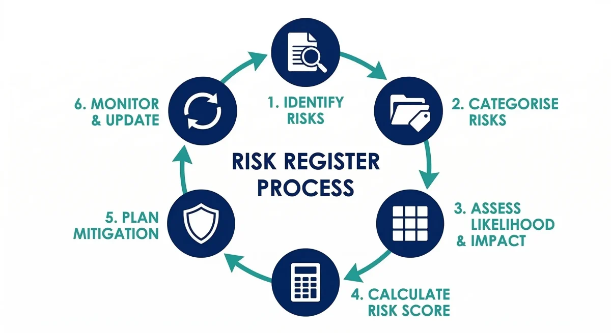 Circular process diagram showing six steps to create a risk register: identify risks, categorise risks, assess likelihood and impact, calculate risk score, plan mitigation, and monitor and update