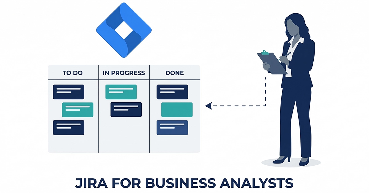 Illustration showing a business analyst connected to a Jira Kanban board with columns for To Do, In Progress, and Done, representing how business analysts use Jira for project management