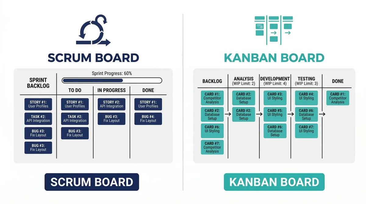 Infographic comparing a Jira Scrum Board showing sprint backlog and story cards with a Jira Kanban Board showing columns with WIP limits for business analyst use