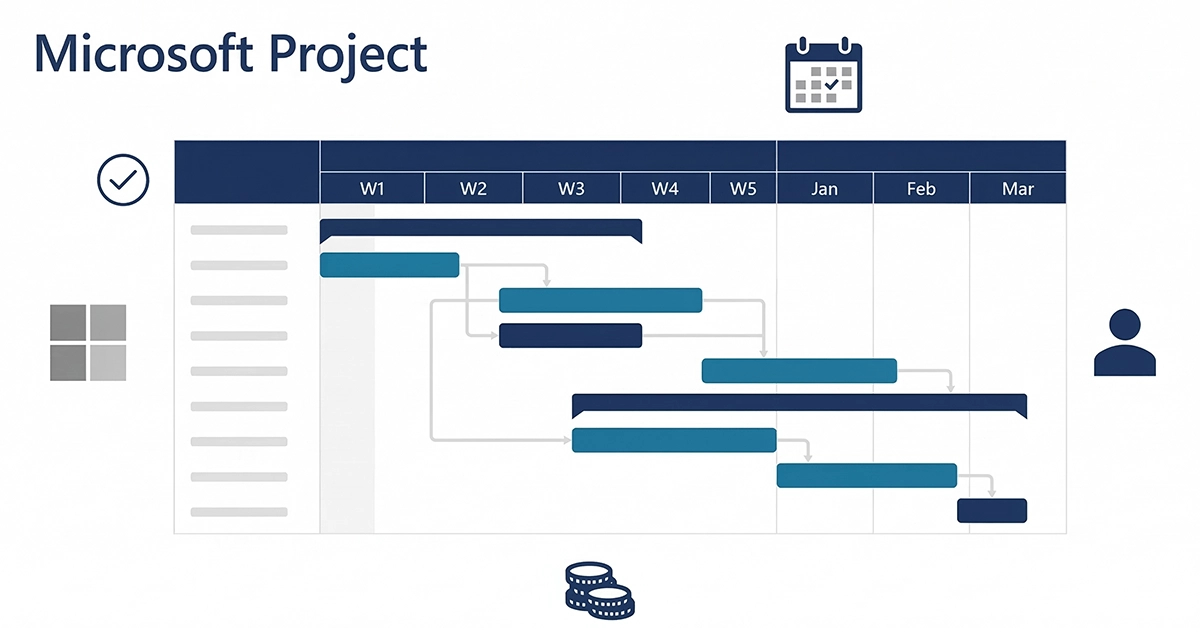 Illustration of a Microsoft Project Gantt chart showing task bars, dependencies, and weekly timeline columns representing project scheduling and planning