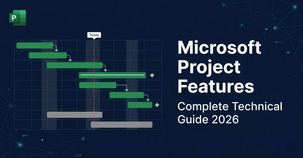 Microsoft Project features complete guide 2026 — Gantt charts, task management, resource allocation, earned value, and Microsoft 365 integration