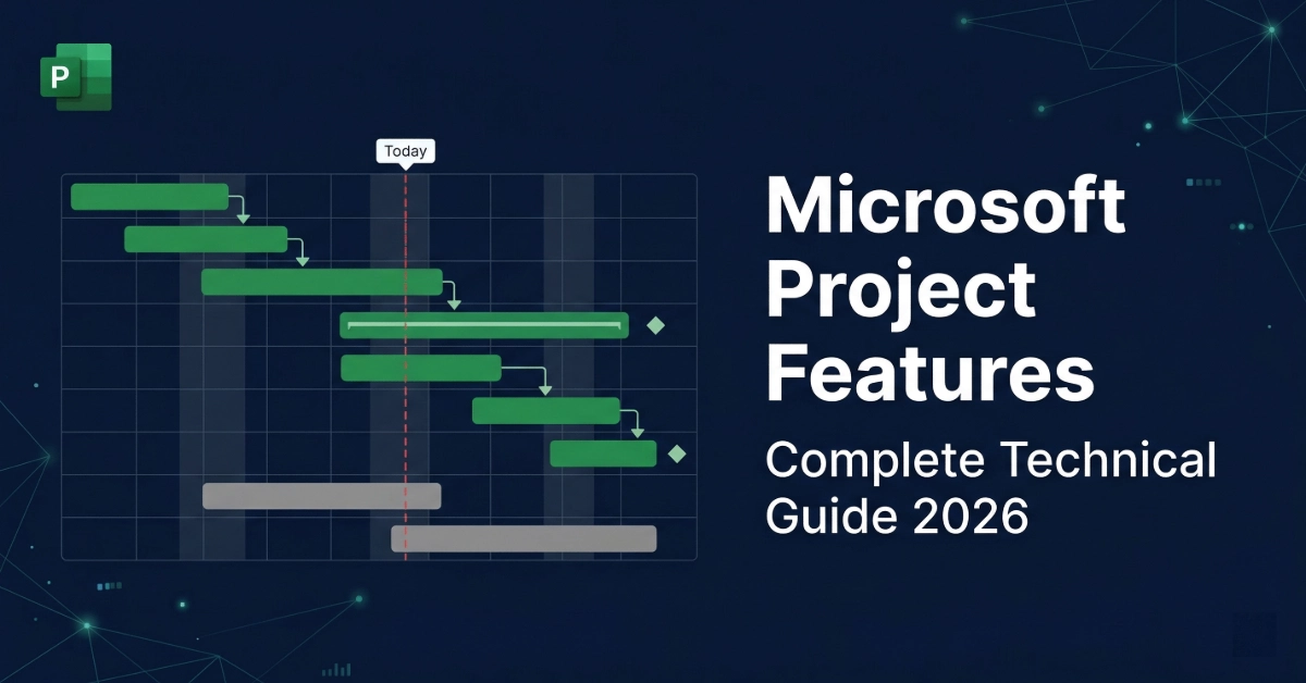Microsoft Project features complete guide 2026 — Gantt charts, task management, resource allocation, earned value, and Microsoft 365 integration