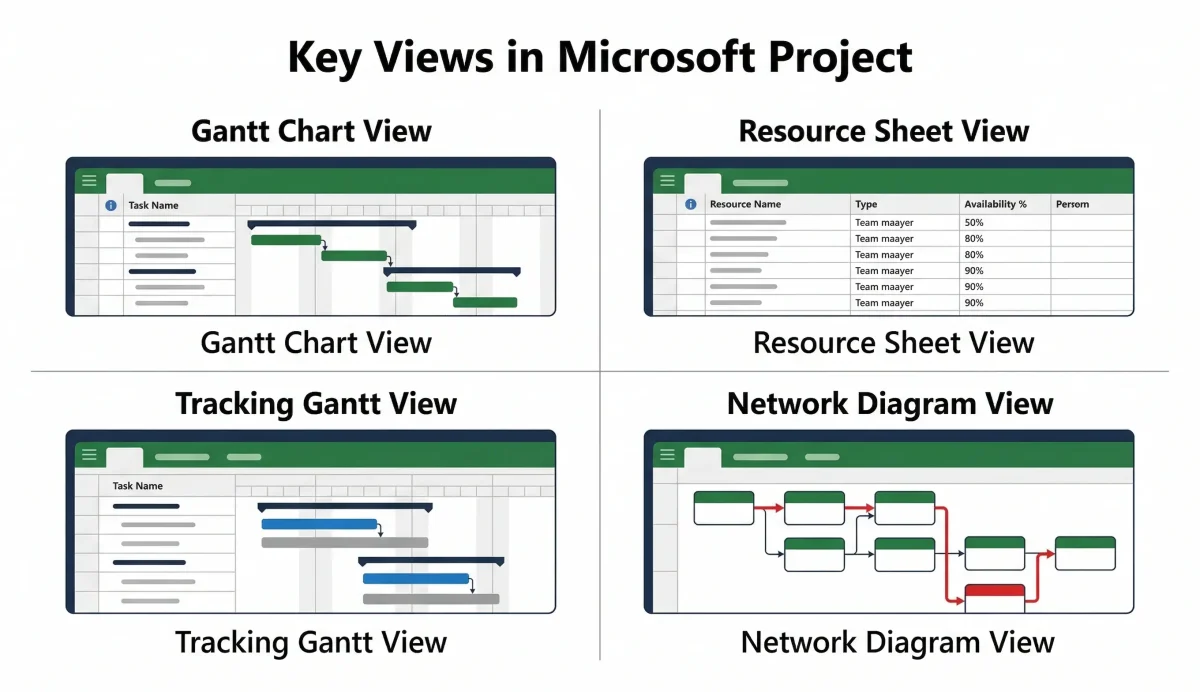 Microsoft Project key views — Gantt Chart, Resource Sheet, Tracking Gantt, and Network Diagram views overview