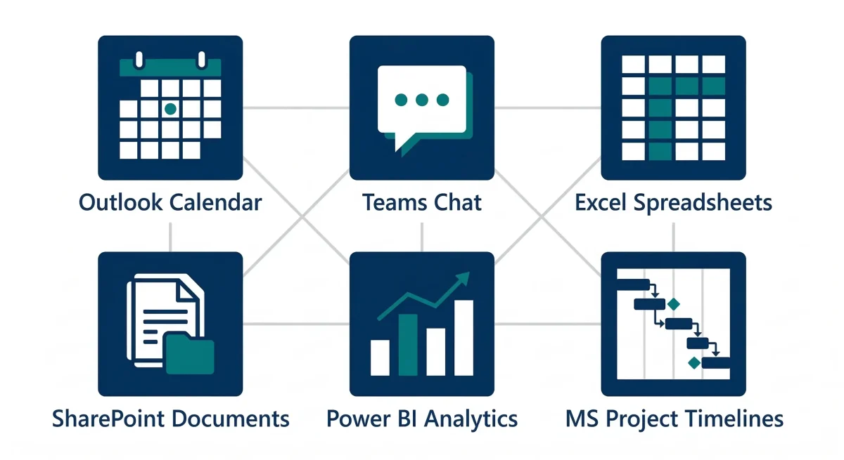 Diagram showing Microsoft Project integration with five Microsoft 365 tools -- Outlook Calendar, Teams Chat, Excel Spreadsheets, SharePoint Documents, and Power BI Analytics -- connected by lines illustrating how MS Project works within the Microsoft ecosystem