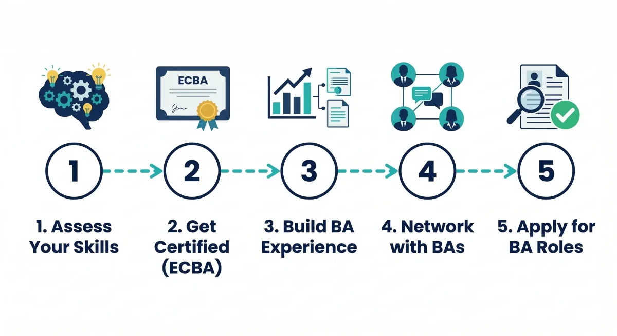 Step-by-step roadmap illustration showing five stages of transitioning from QA to Business Analyst: assess skills, get certified, build experience, network, and apply for BA roles