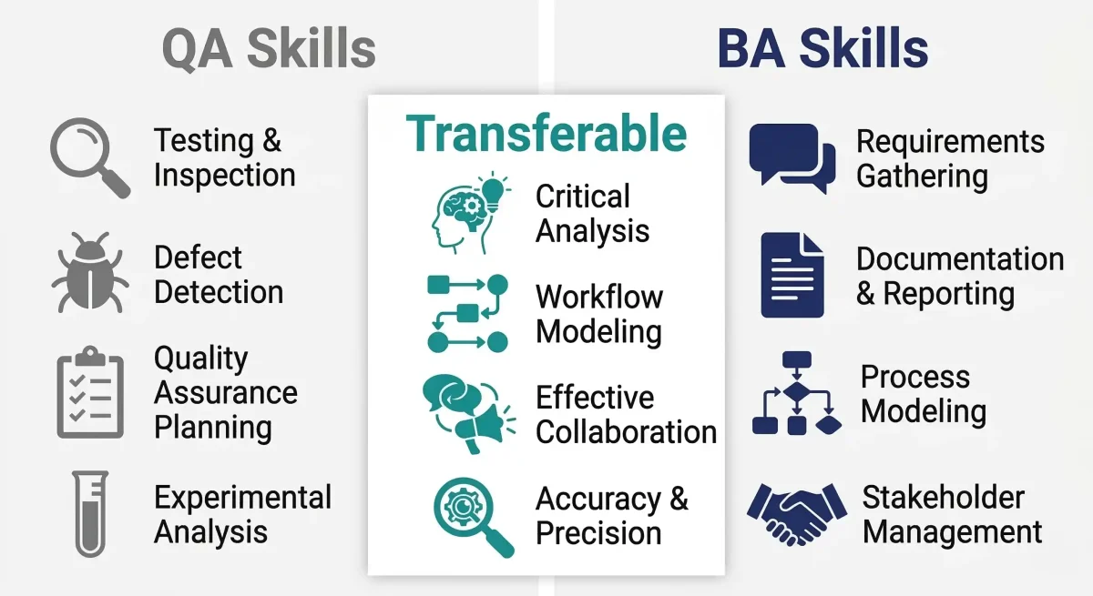 Infographic comparing QA skills and BA skills showing transferable competencies including analytical thinking, process mapping, and communication in the centre column