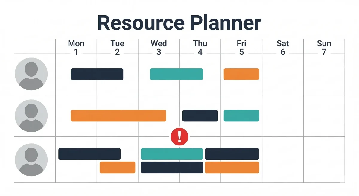 Example of a Resource Planner in Microsoft Project showing three team members with task assignments across a weekly calendar, including a red warning icon indicating resource over-allocation on Thursday