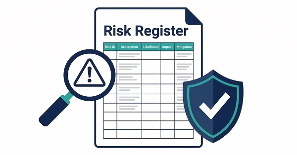 Illustration of a risk register document showing columns for Risk ID, Description, Likelihood, Impact, and Mitigation, with icons representing risk identification and mitigation planning