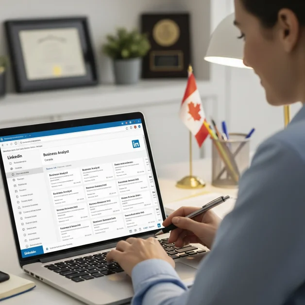 A person is using LinkedIn to search Business Analyst Job in Canada