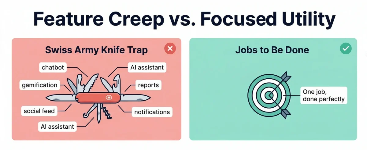 Feature creep vs Jobs to Be Done (JTBD) in product design — the Swiss Army Knife trap explained for product managers