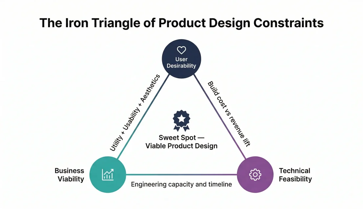 Triangle of product design constraints for product managers — Business Viability, Technical Feasibility, and User Desirability