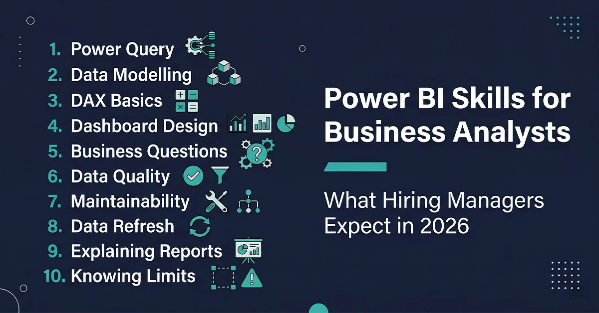 Power BI skills for business analysts 2026 — the 10 skills hiring managers actually evaluate including Power Query, DAX, data modelling, and dashboard design