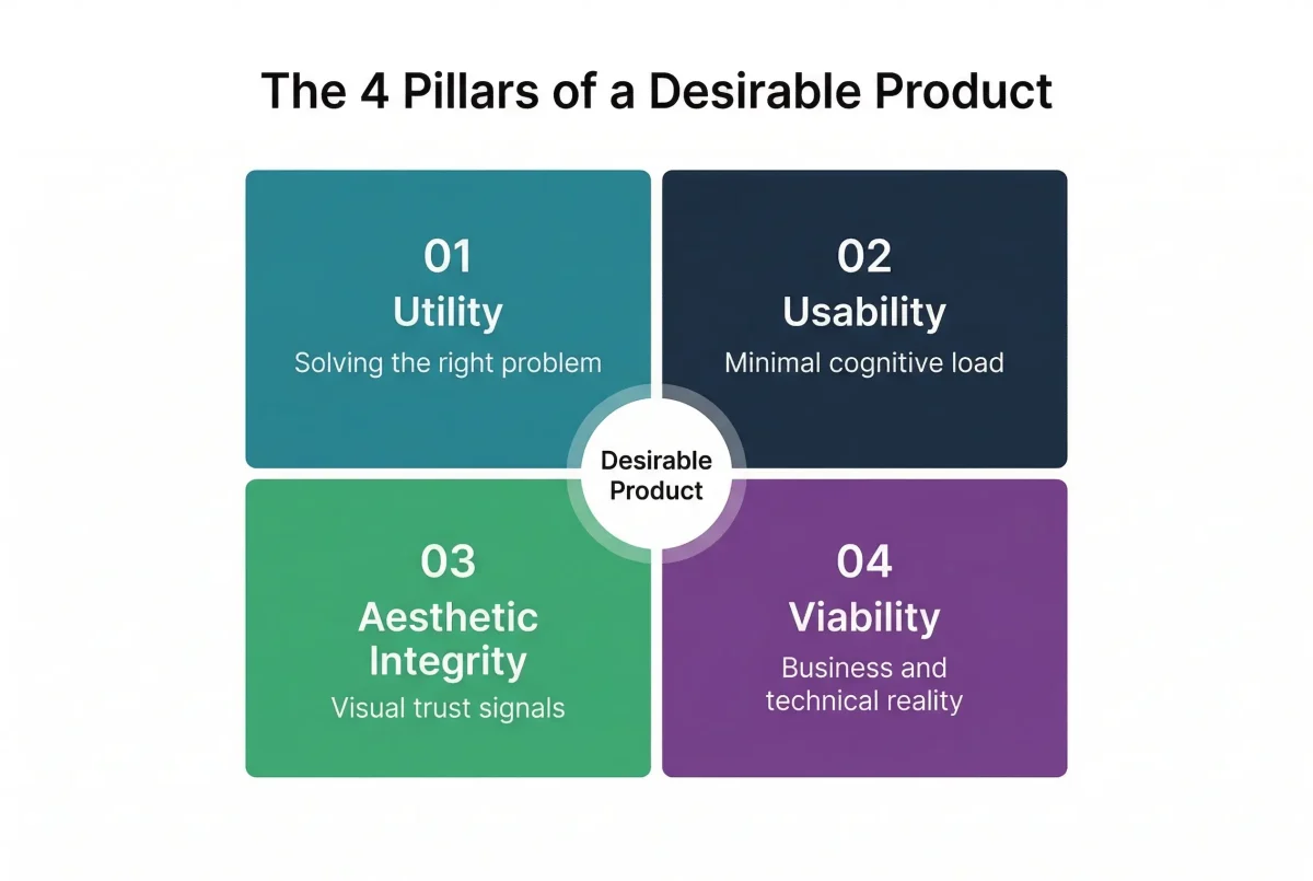 The 4 Pillars of a Desirable Product framework for product managers: Utility, Usability, Aesthetic Integrity, and Viability