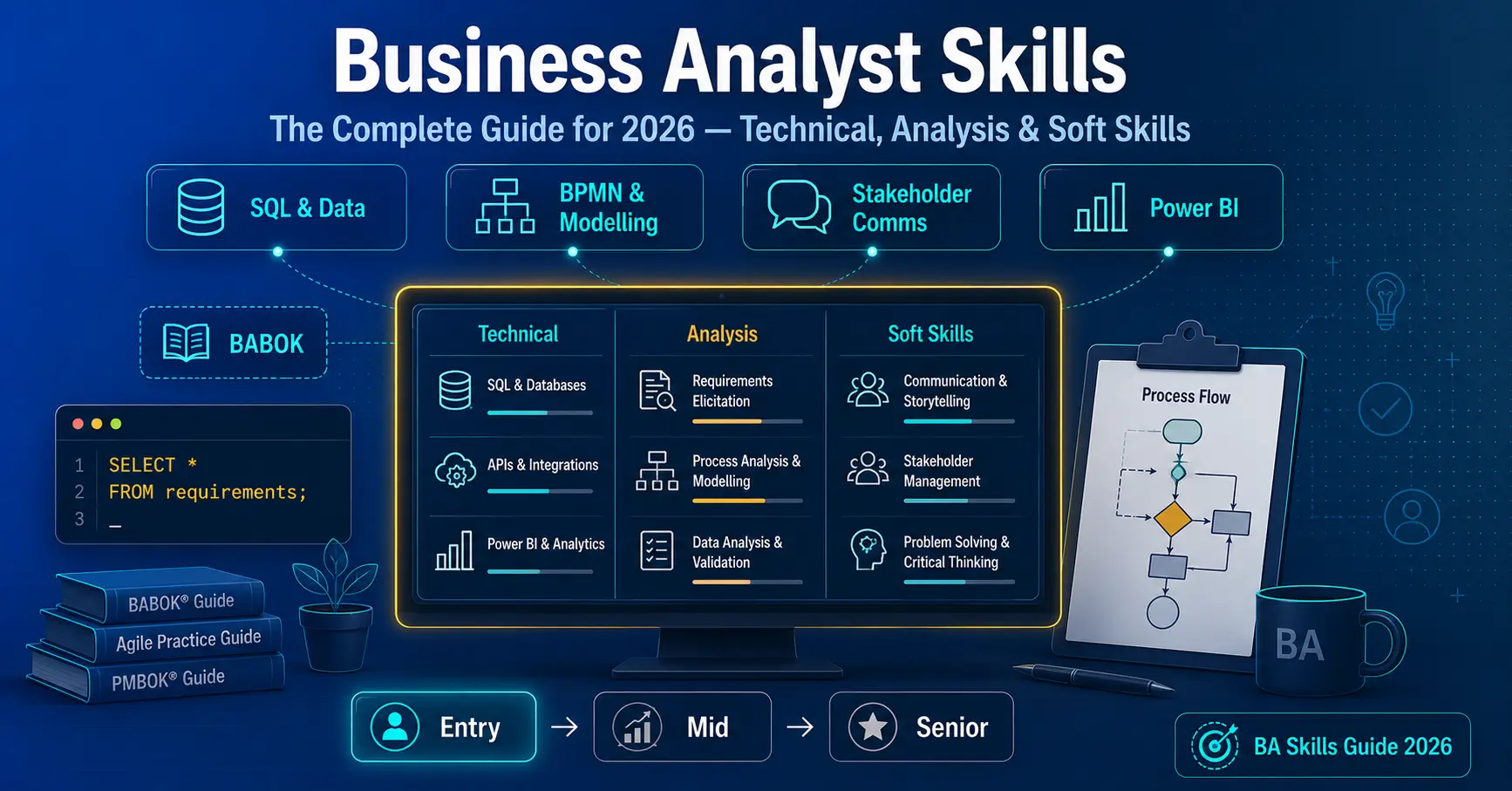 Business analyst skills chart showing technical, analysis, and soft skills for 2026