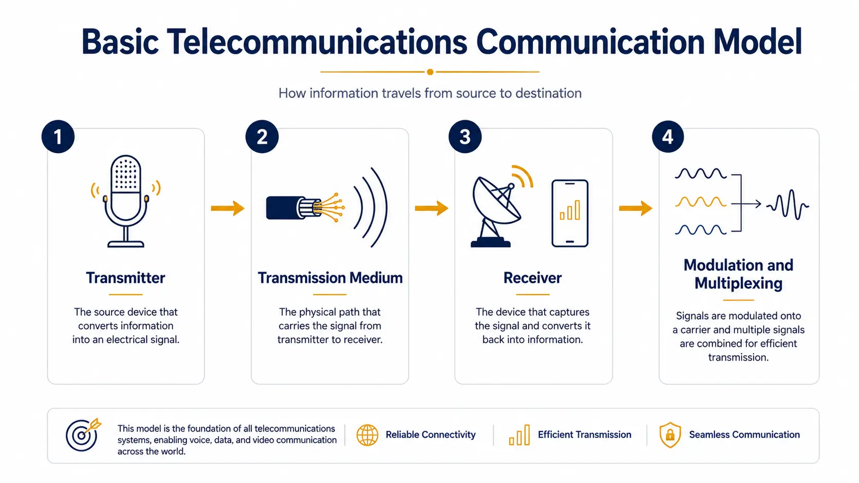 Basic communication model diagram showing transmitter, transmission medium, receiver, and modulation process with signal conversion arrows
