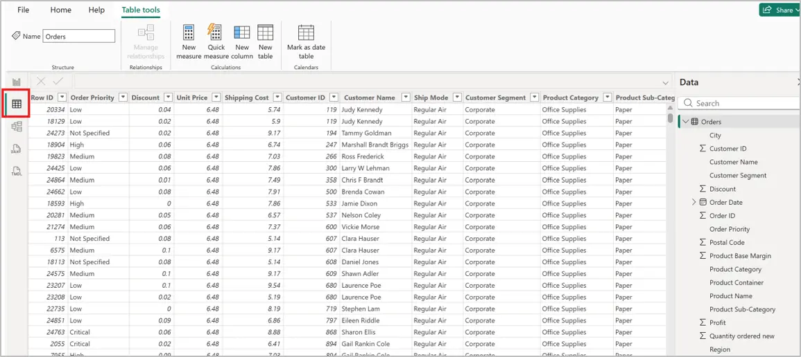 Data tab and Fields pane: reviewing the loaded dataset