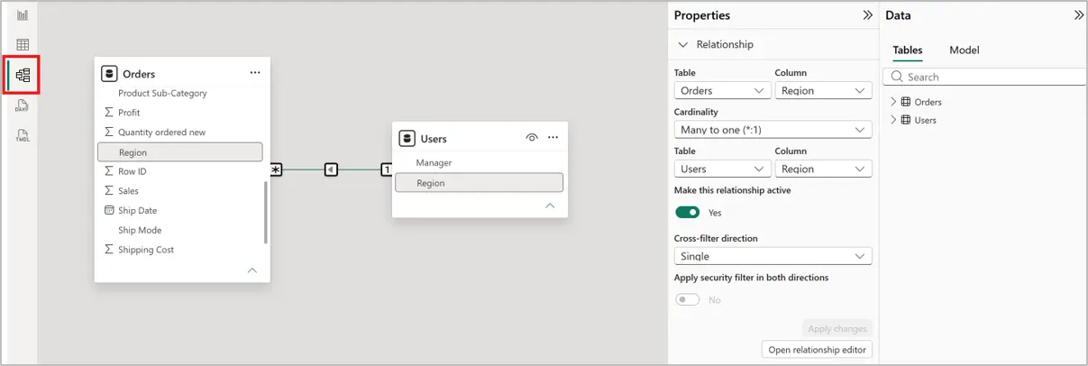 Model tab: relationships between tables shown automatically