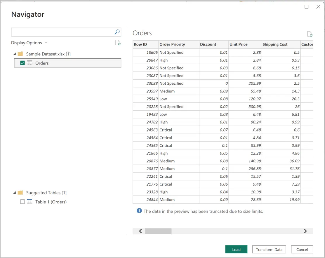 Navigator window: the Orders worksheet checked and ready to load