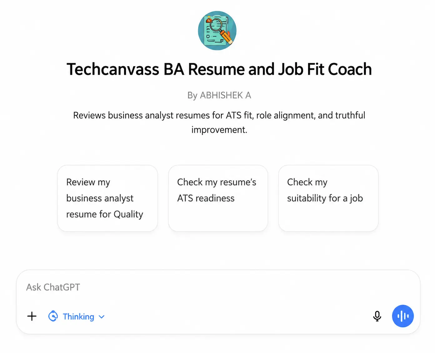 AI Business Analyst resume review for quality, ATS readiness and job suitability.